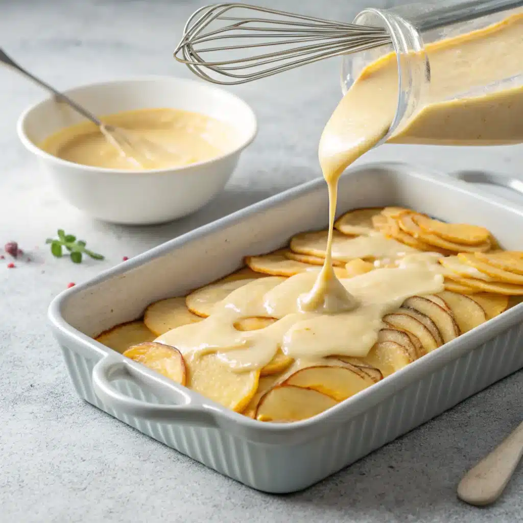 Layered potato slices with creamy cheese sauce in a baking dish.
