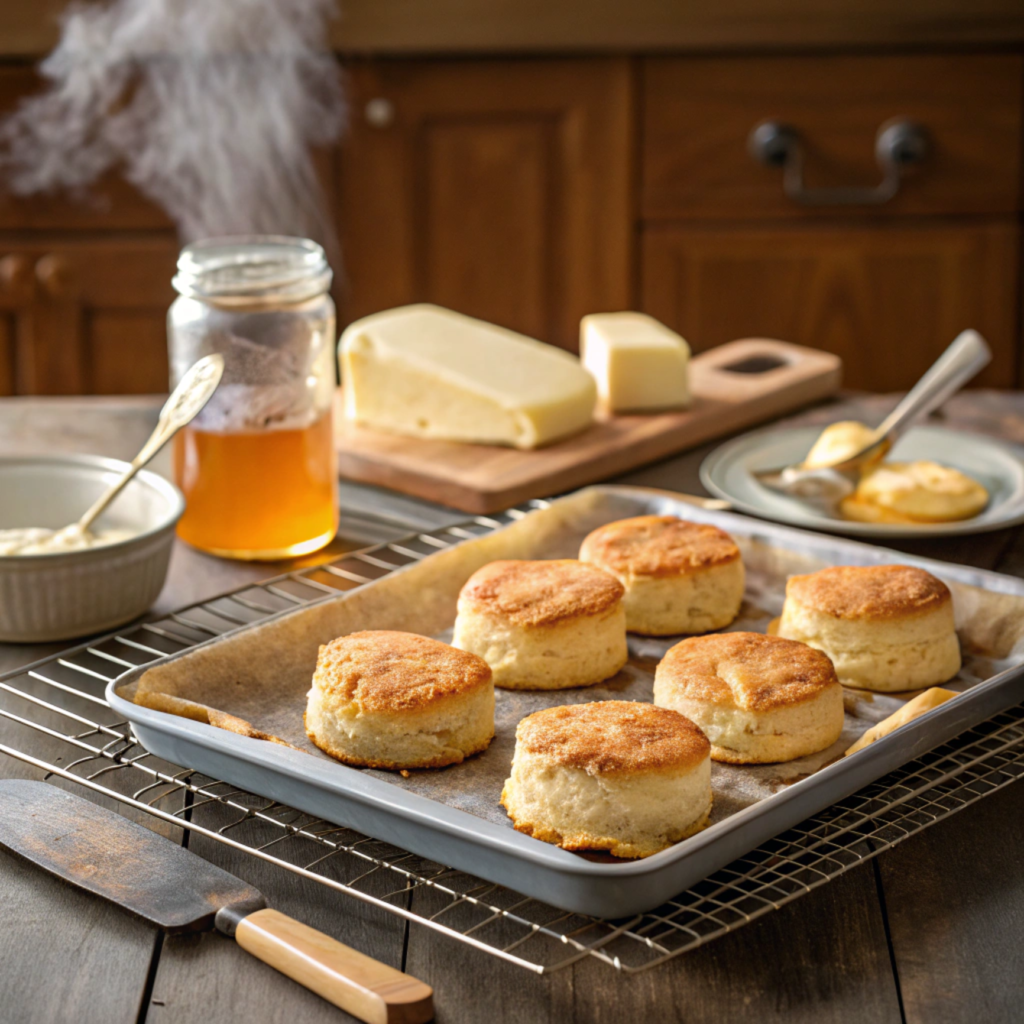 Golden brown biscuits fresh out of the oven on a baking tray.