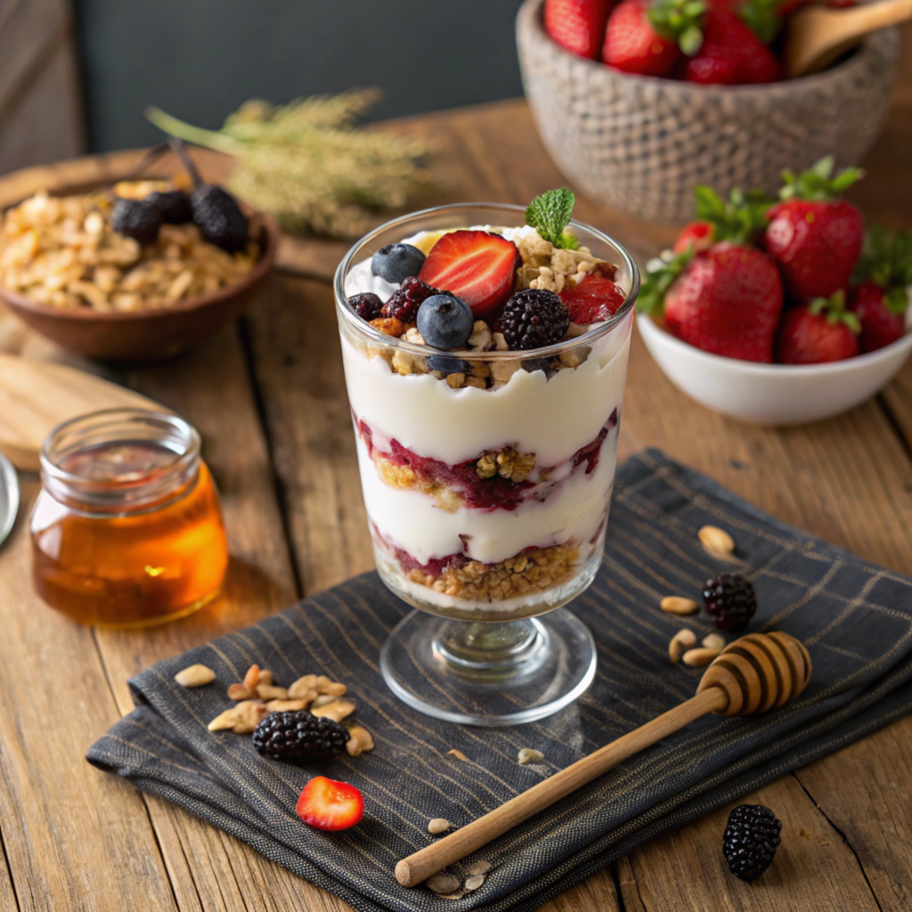 A colorful layered yogurt parfait with fresh berries, granola, and a drizzle of honey served in a clear glass.