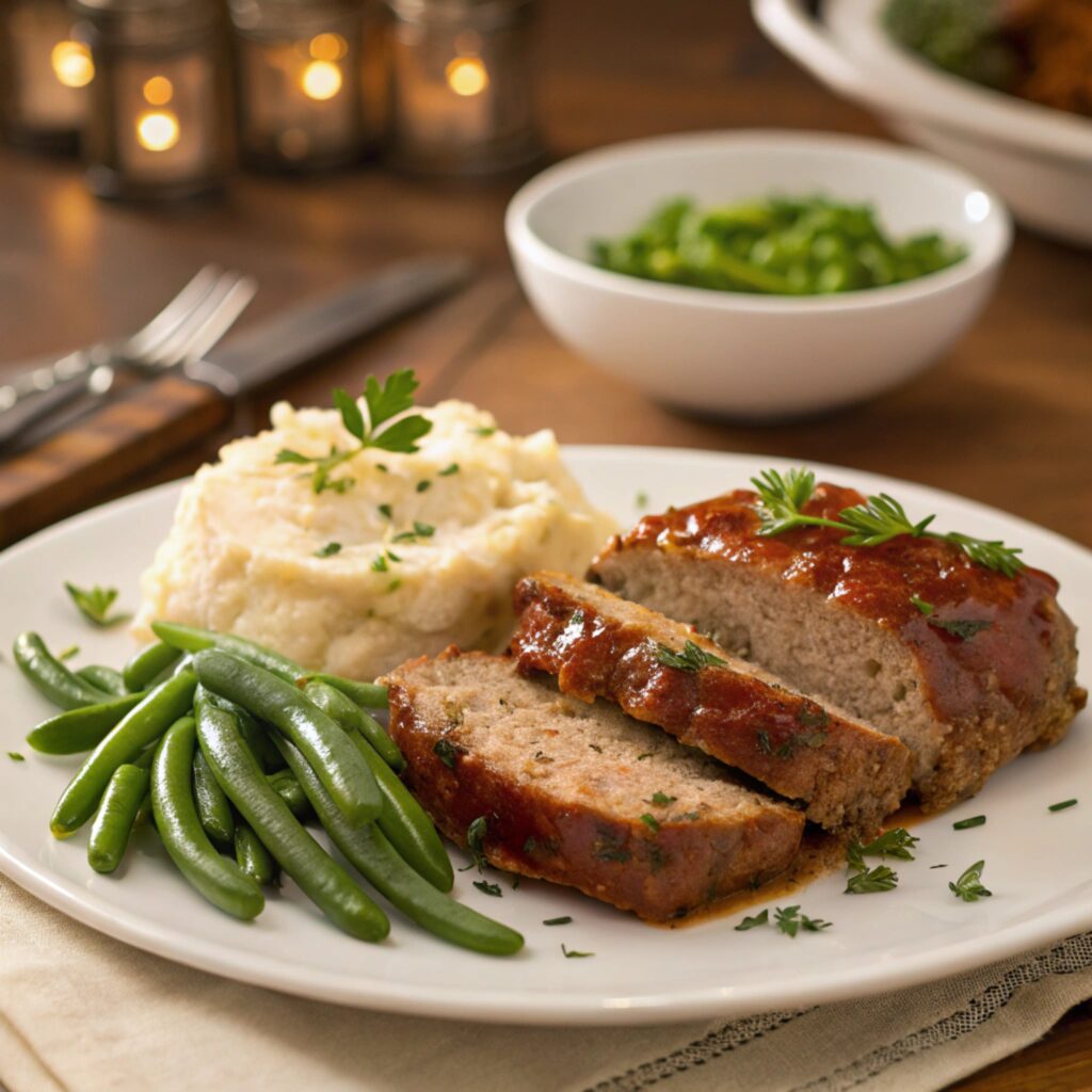  A sliced meatloaf garnished with parsley, served with mashed potatoes and green beans.