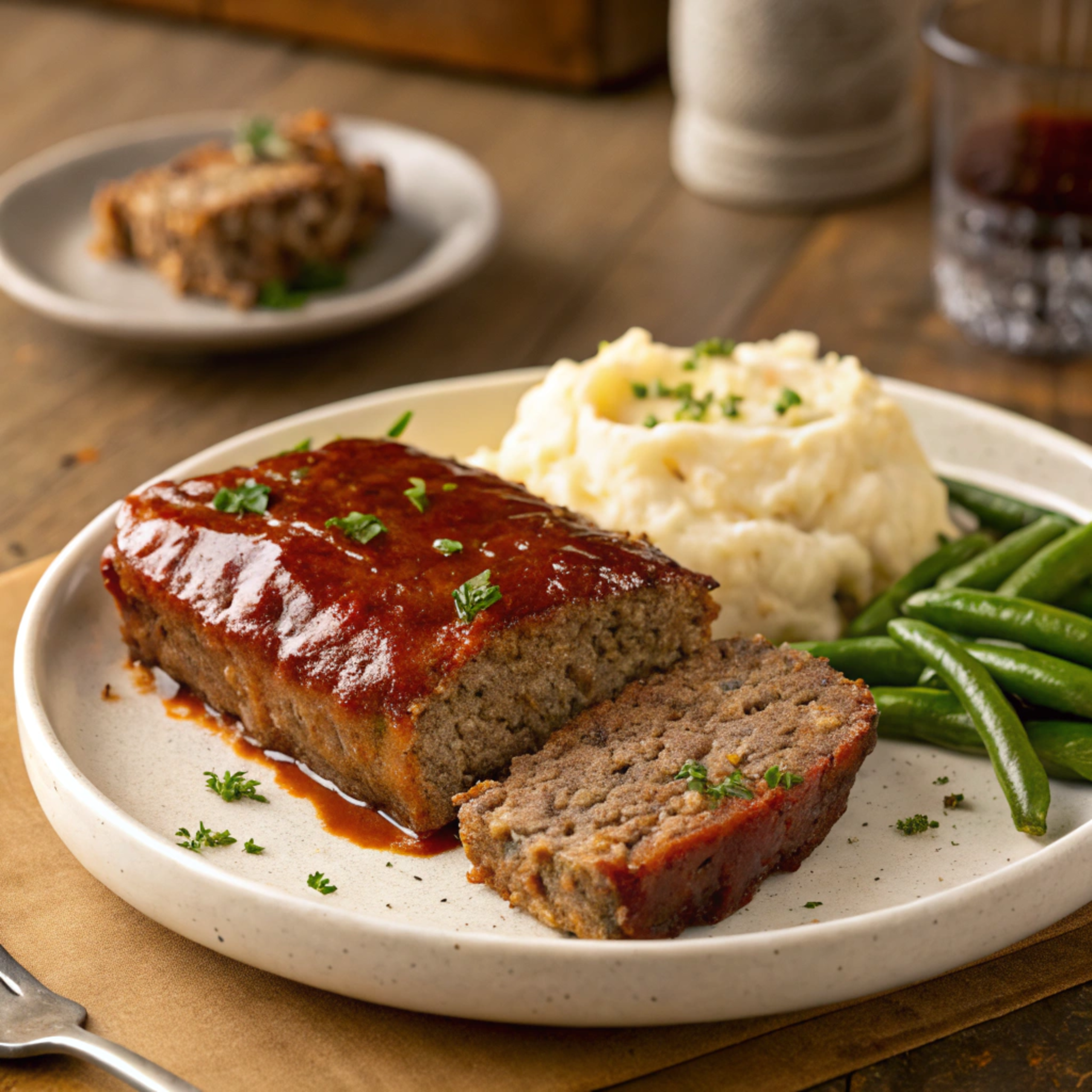 Lipton Onion Soup Meatloaf served on a white plate with mashed potatoes and green beans.