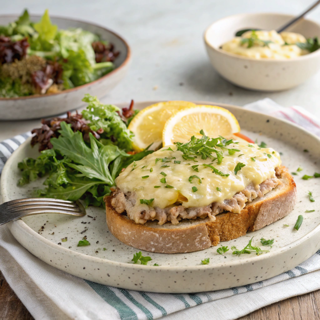 Plated tuna melt sandwich with side salad