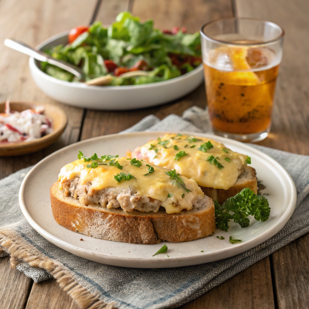 Open-faced tuna melt sandwich with melted cheese on toasted bread