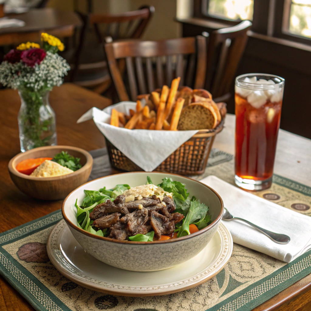 A Philly cheesesteak bowl served with side dishes like a salad and fries.