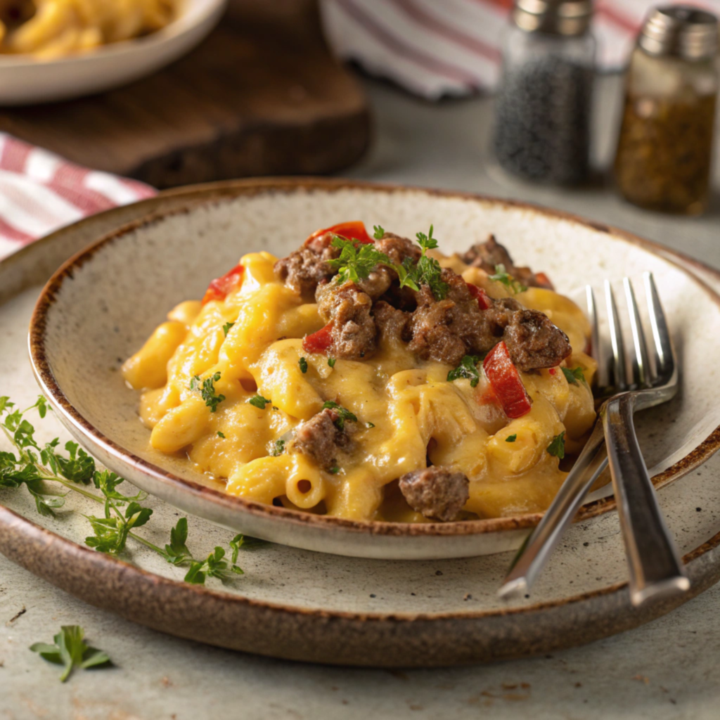 A serving of beef queso mac and cheese on a plate.