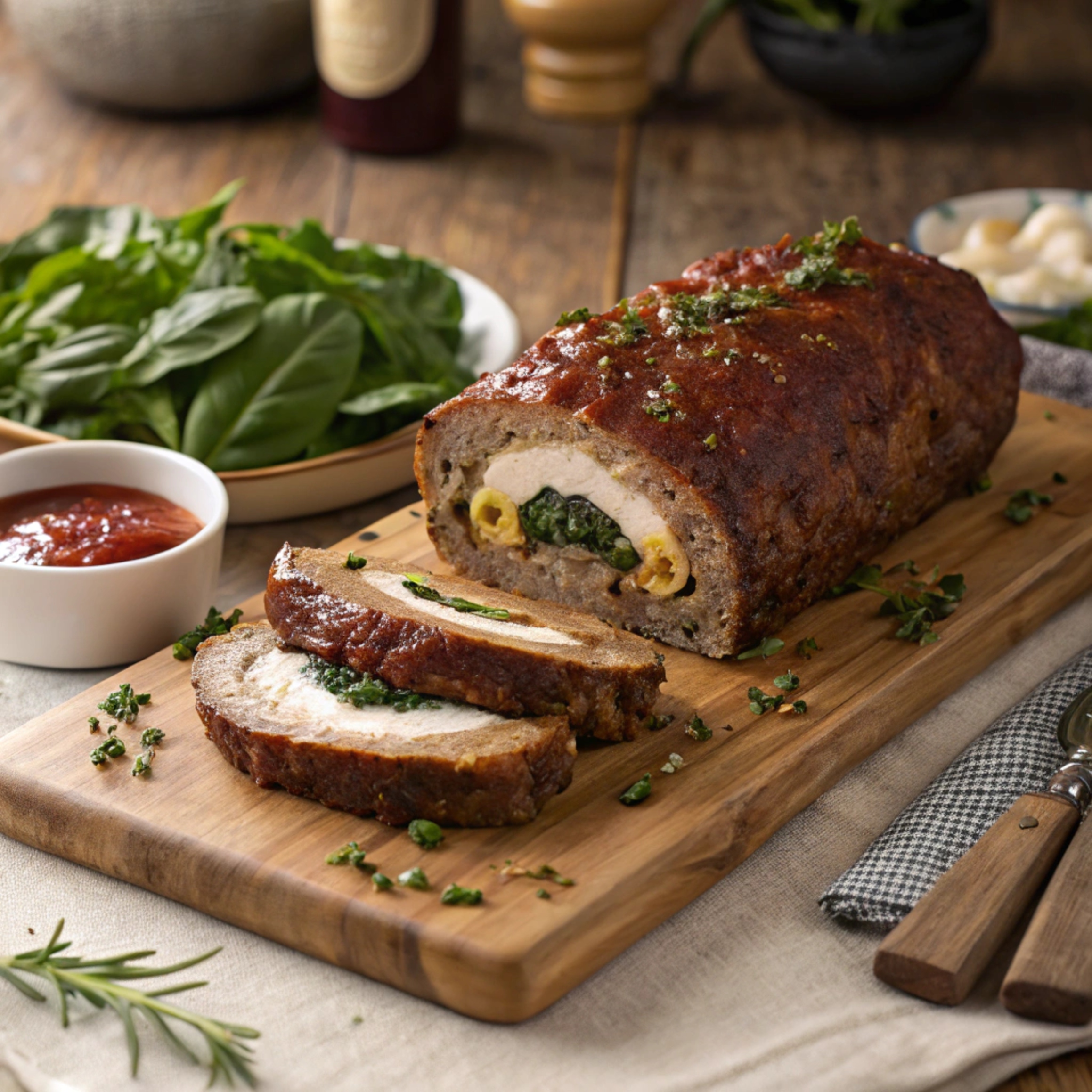 A sliced stuffed meatloaf showcasing its rich filling and golden glaze