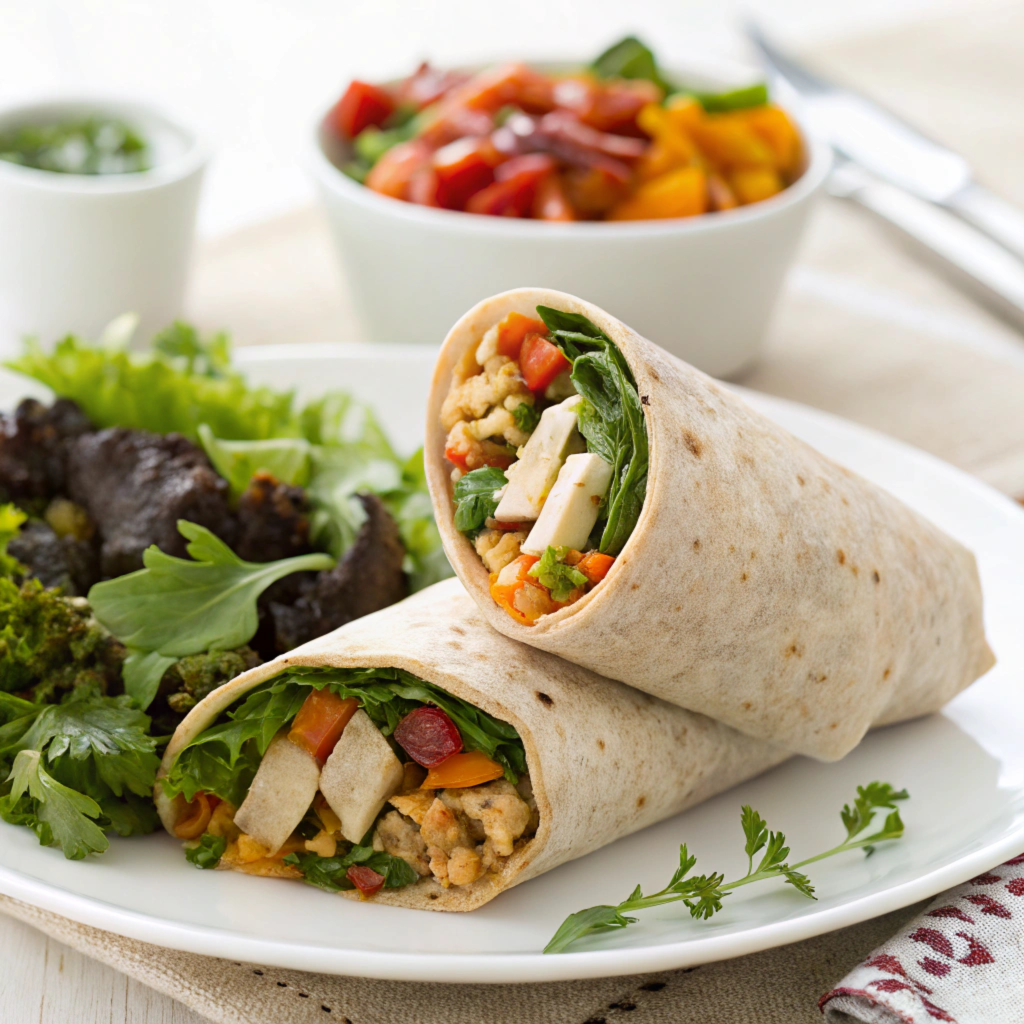 A plated turkey and veggie wrap with nutritional information displayed beside it.