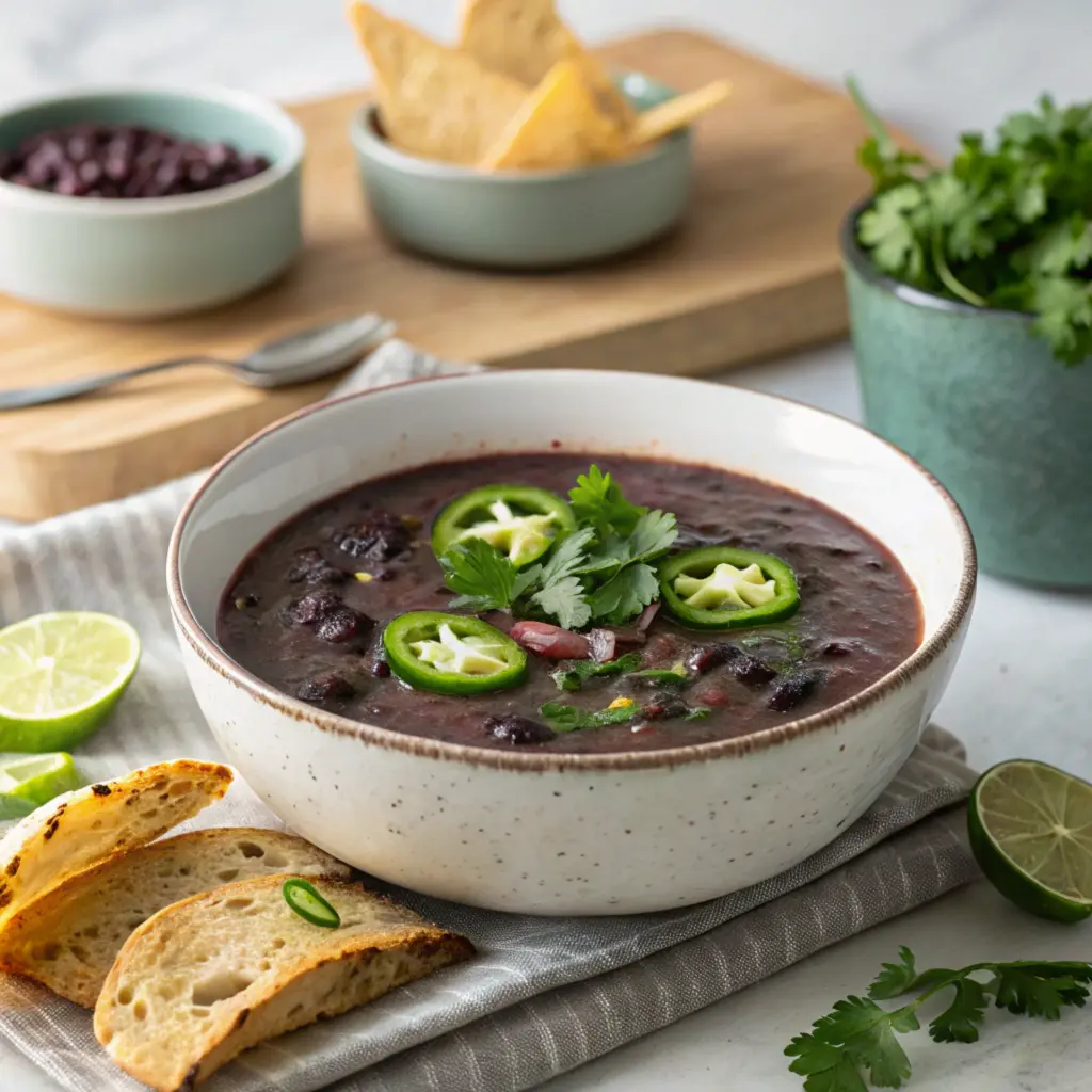 A serving of purple black bean soup with tortilla chips and a side of bread.
