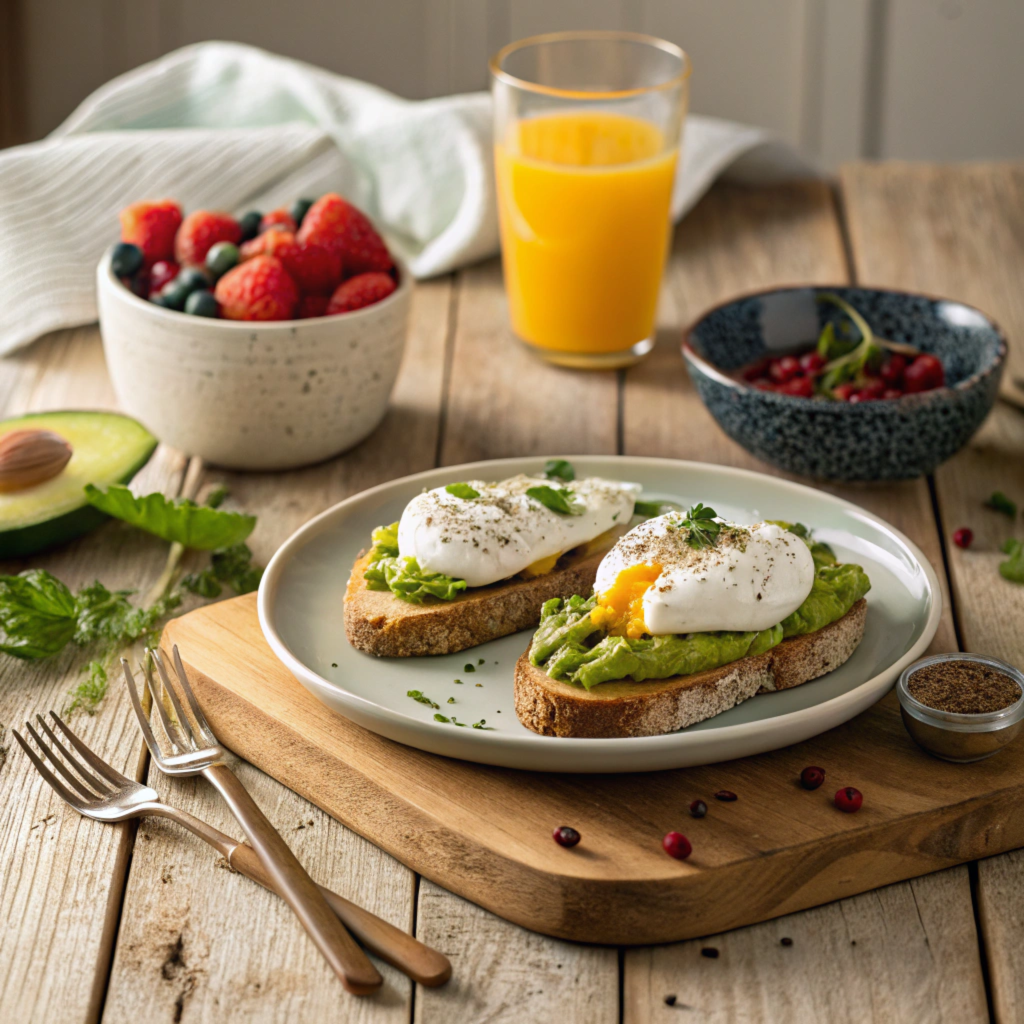 A complete breakfast spread with poached eggs, avocado toast, and fresh juice.