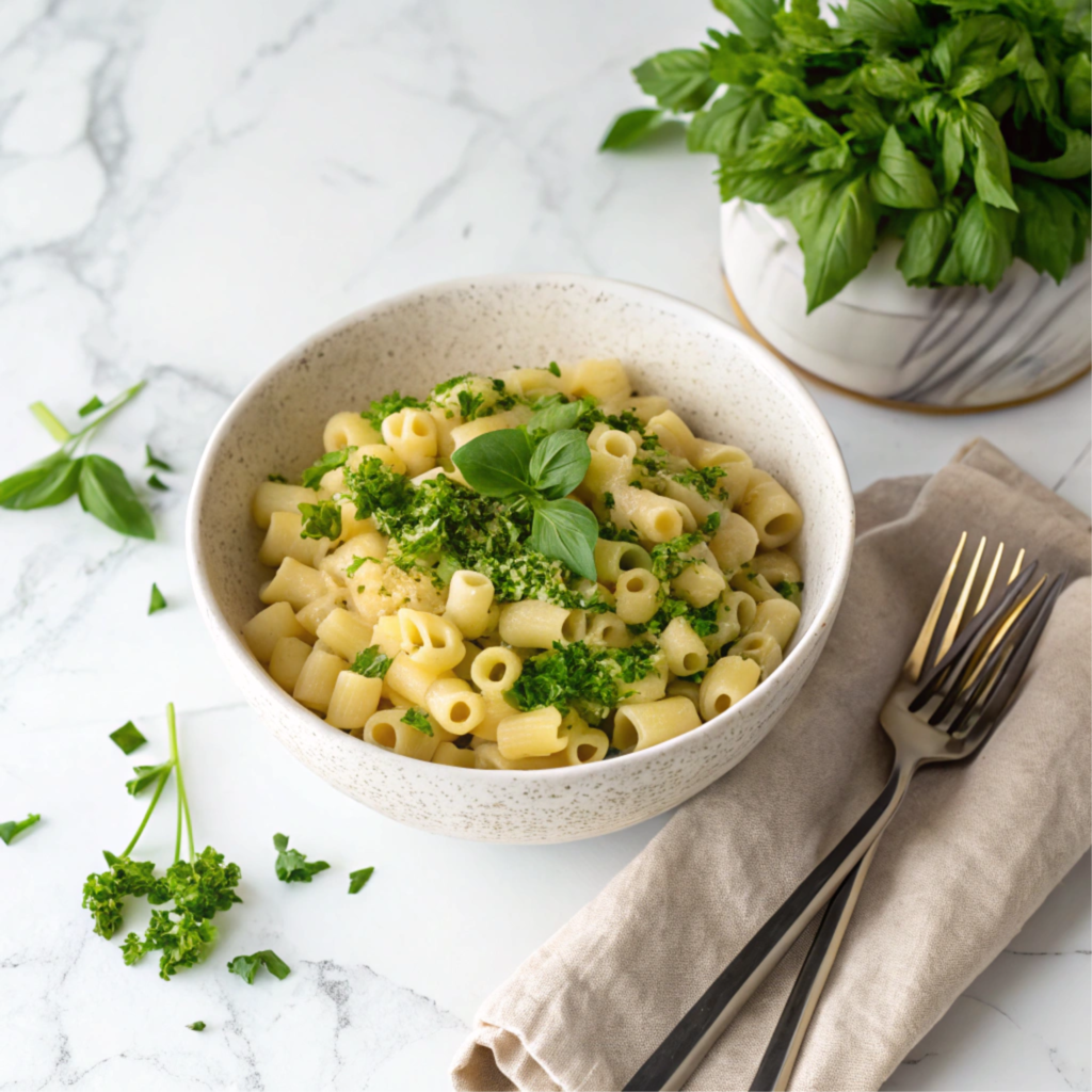 Cooked ditalini pasta in a white bowl topped with fresh herbs