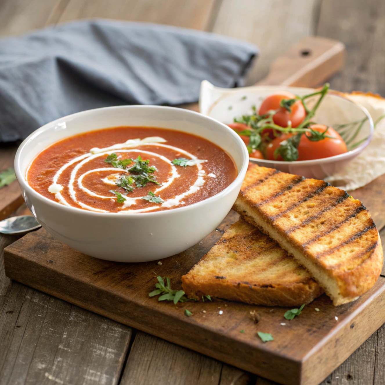 A bowl of tomato soup and a grilled cheese sandwich on a rustic wooden table