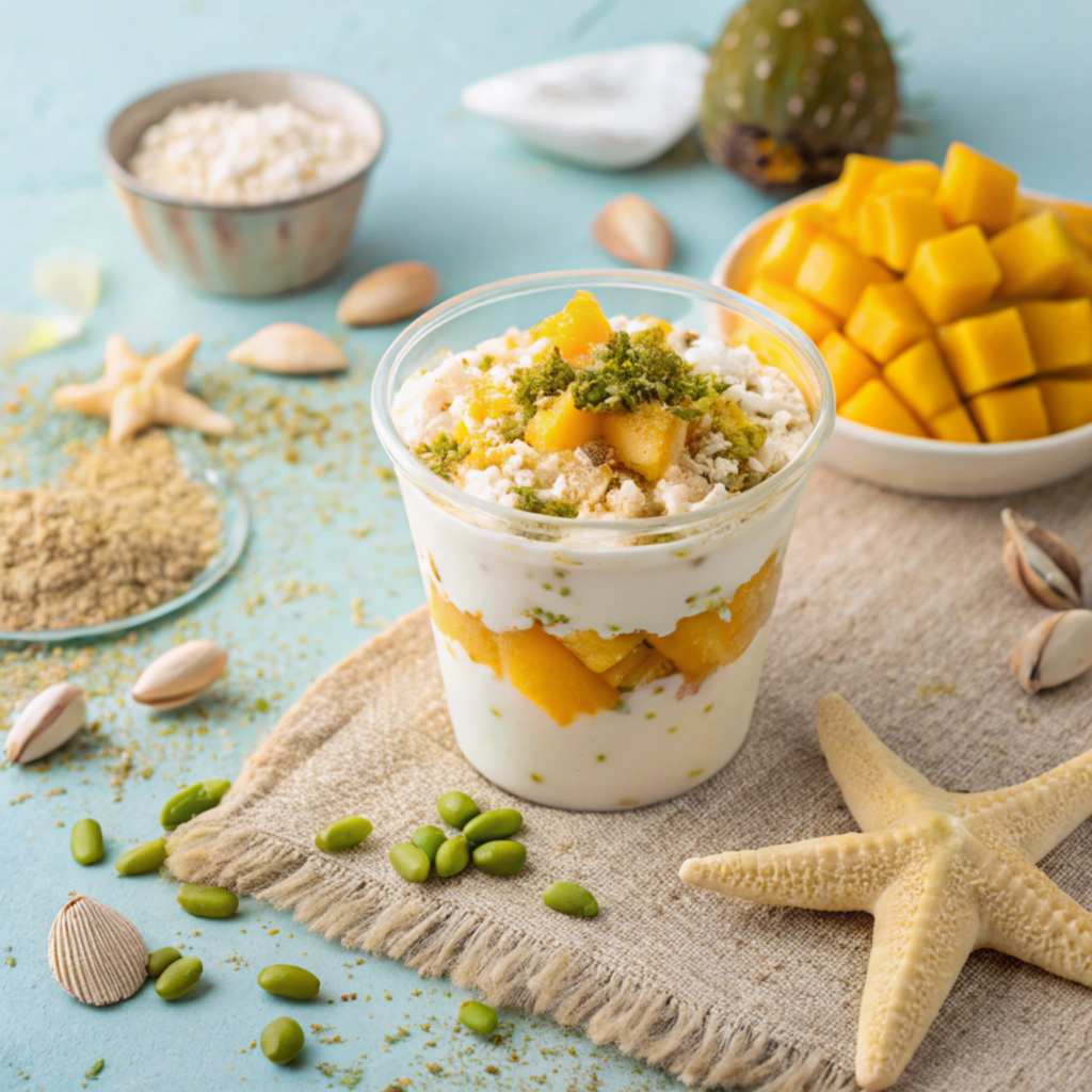 A tropical yogurt parfait with mango, coconut, and pistachios.