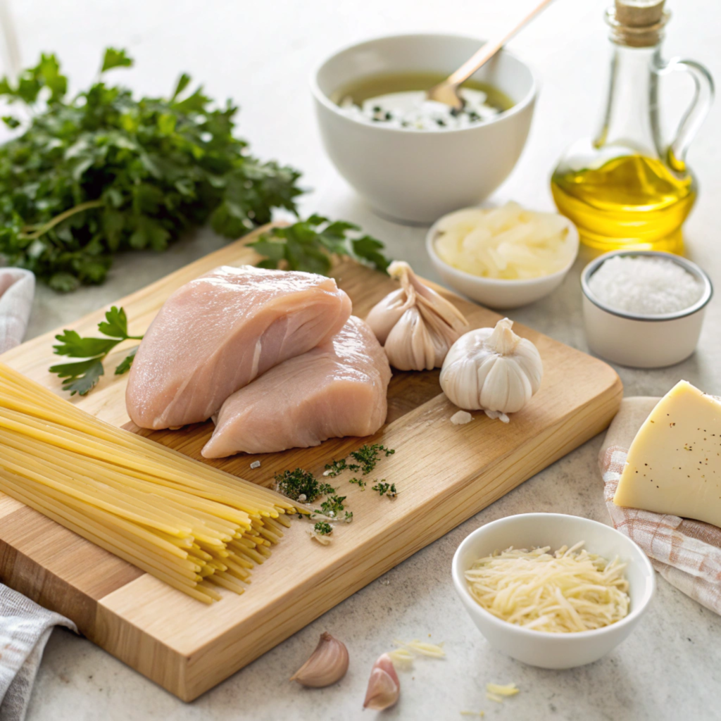 Key ingredients for garlic parmesan chicken pasta recipe