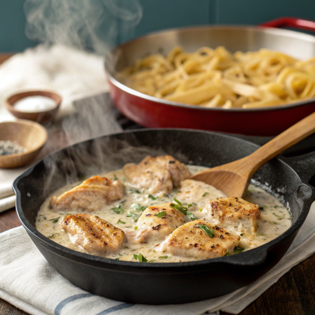 Cooking garlic parmesan chicken in a skillet with creamy sauce