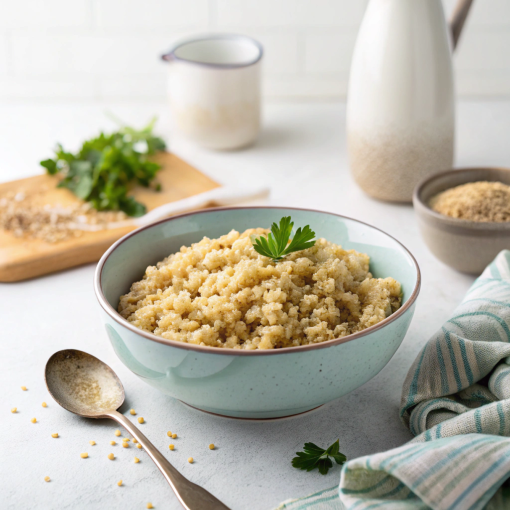 Cooked quinoa in a bowl with a spoon.