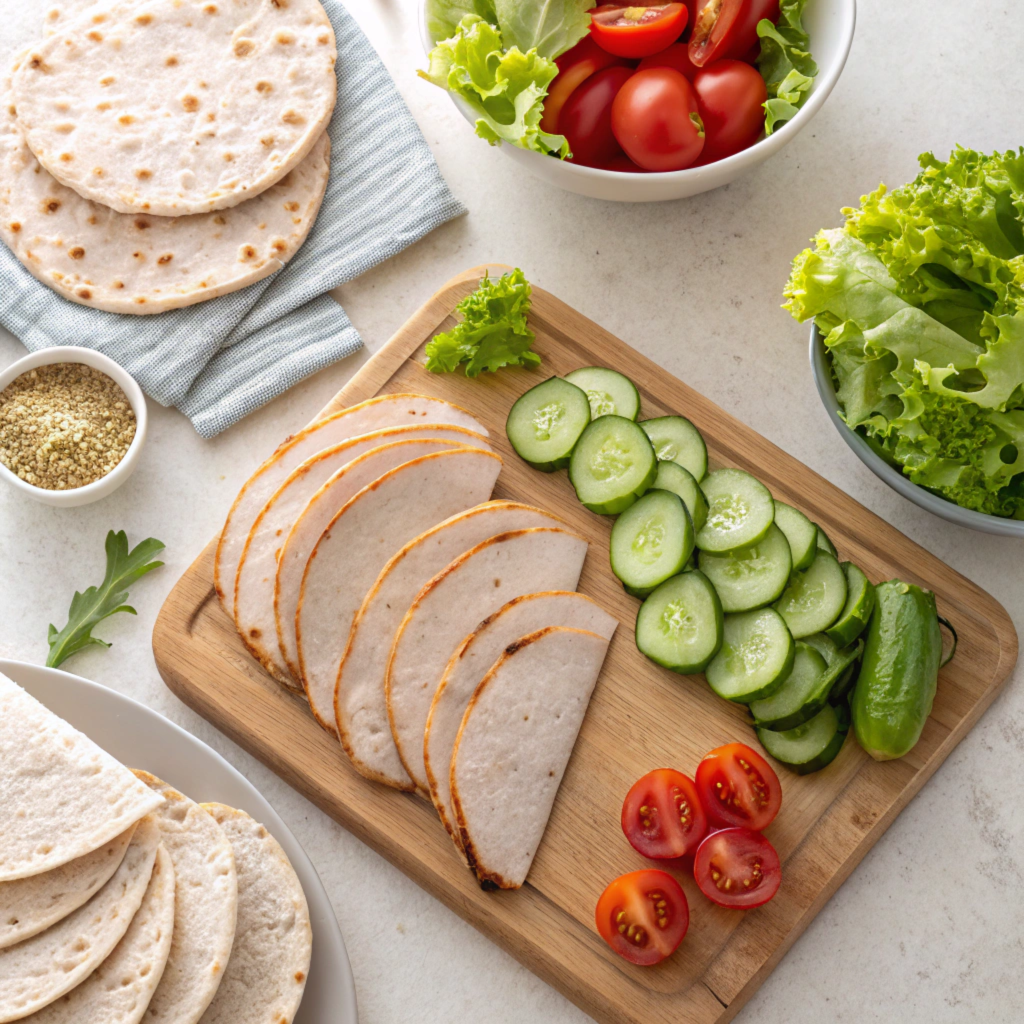  A flat lay of fresh ingredients, including turkey slices, tortillas, and vegetables, arranged neatly on a kitchen counter.