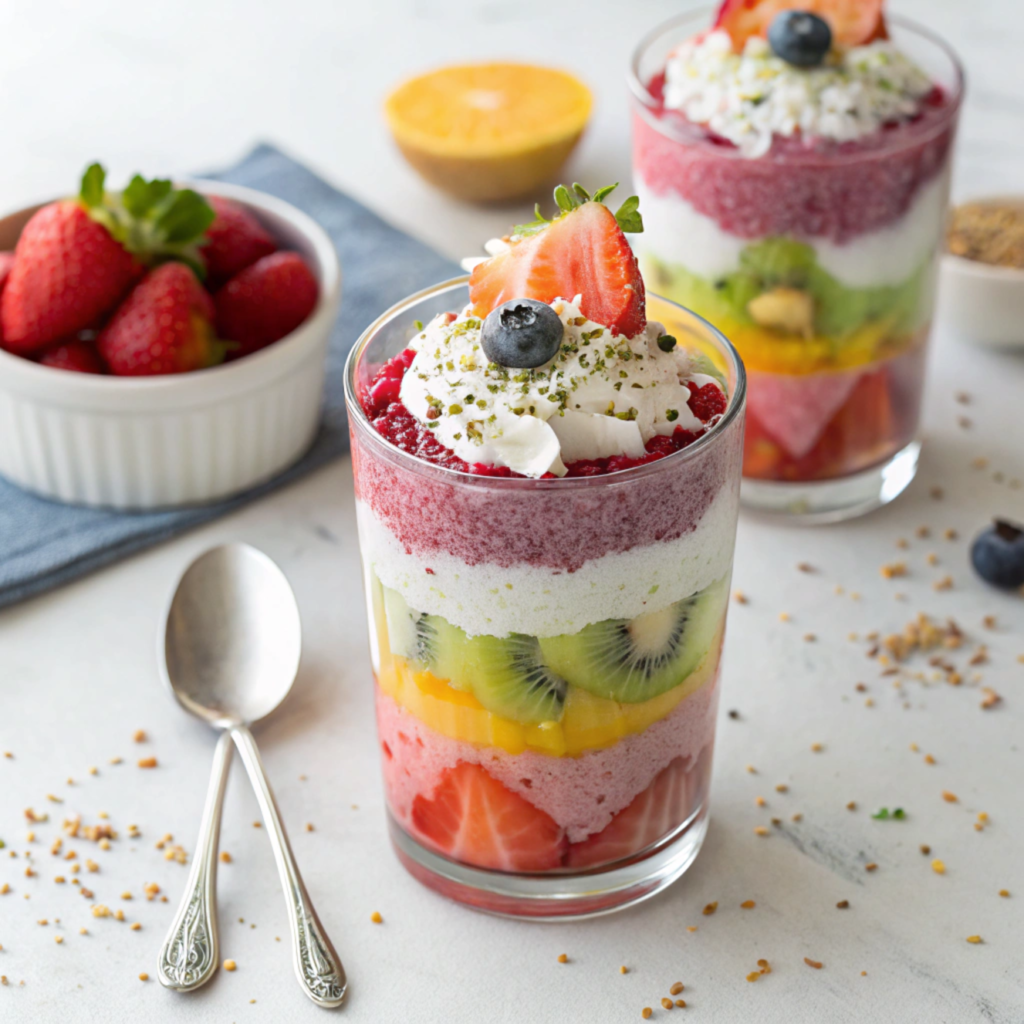 Perfectly layered rainbow parfait in a clear glass with a spoon.