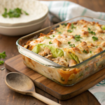 Turkey cabbage casserole with rice in a baking dish