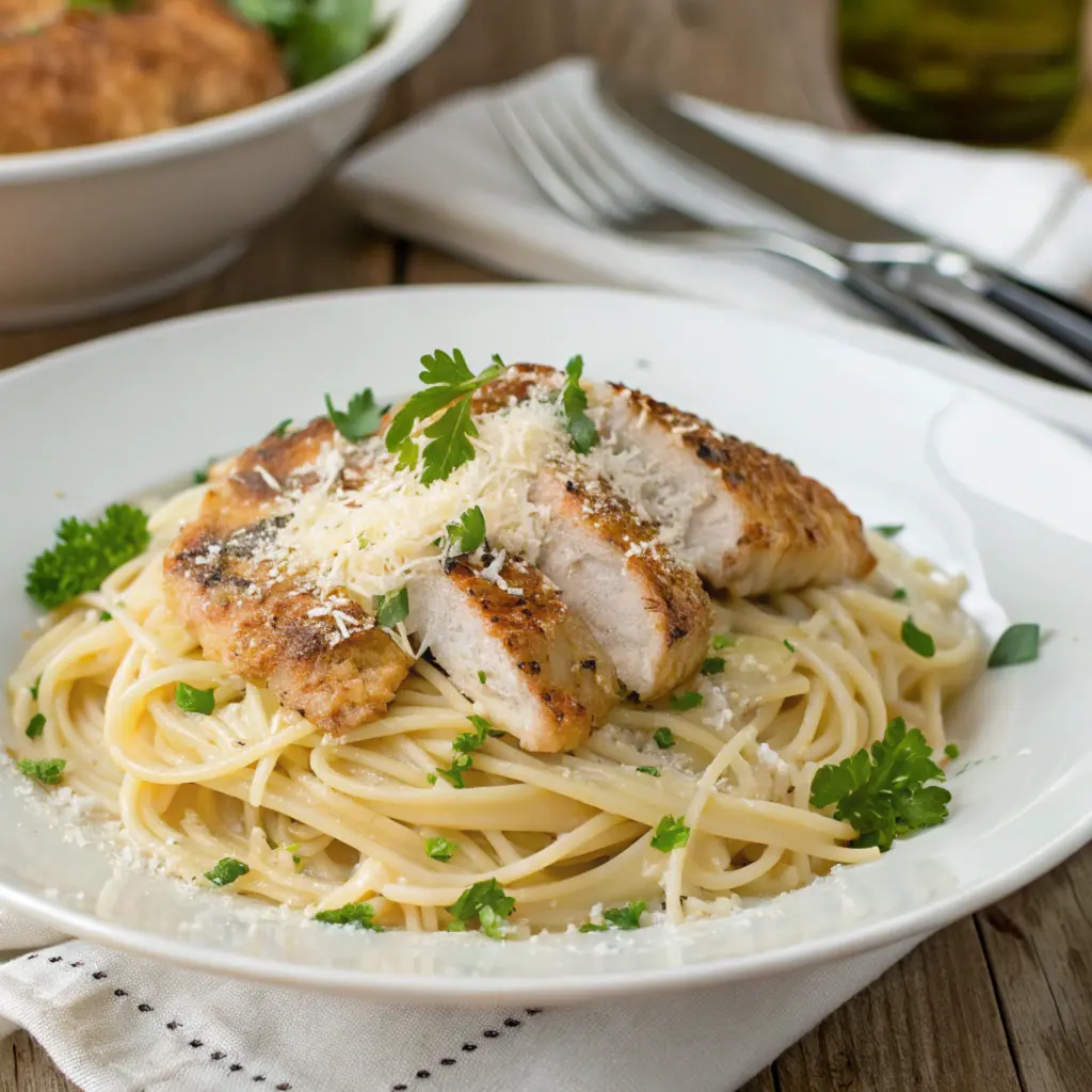 Garlic Parmesan Chicken Pasta served in a creamy sauce with parsley garnish.