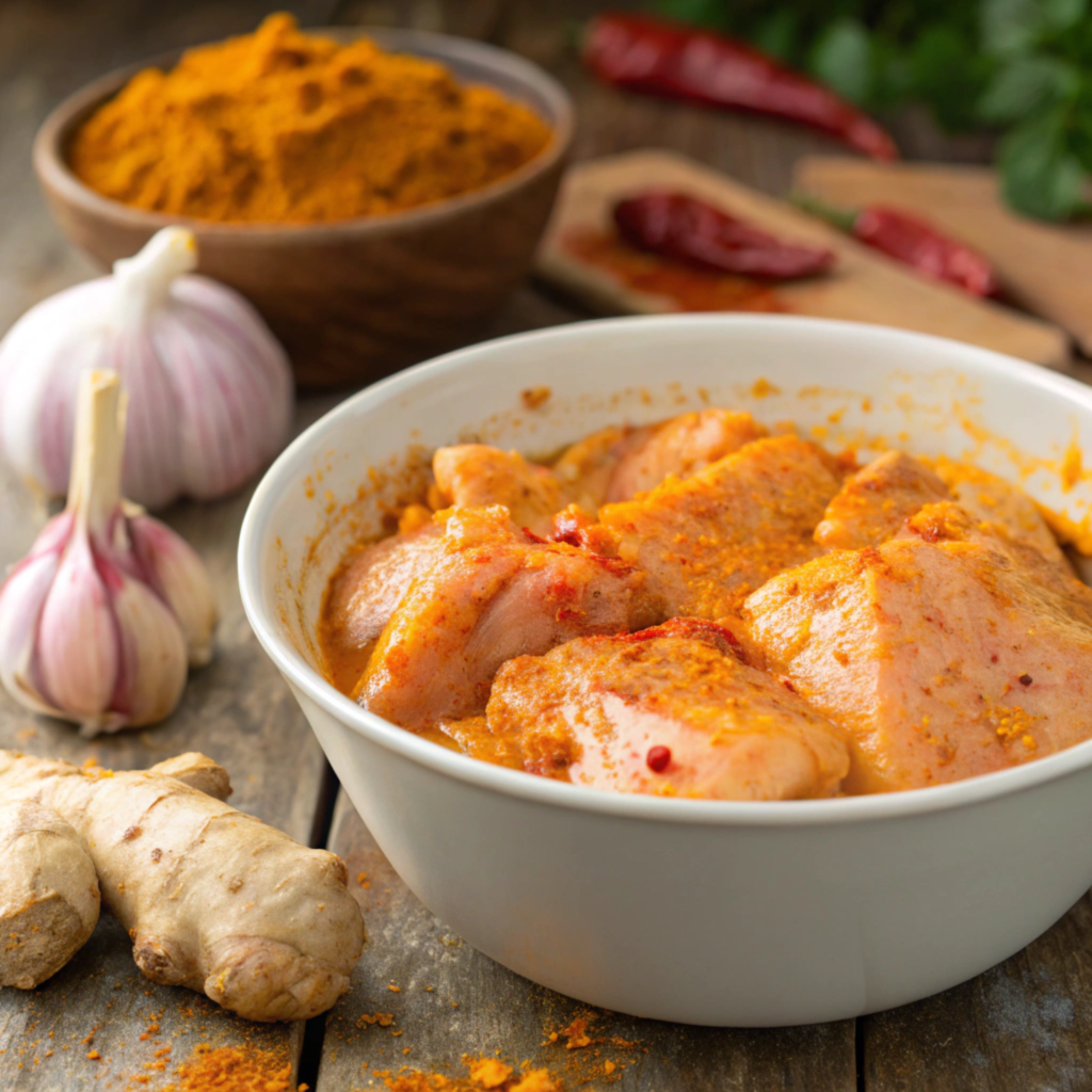 Chicken pieces marinating in a spiced yogurt mixture.