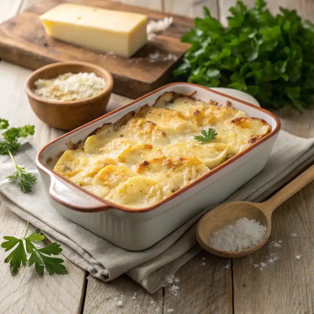 Creamy scalloped potatoes with cheese powder baked in a casserole dish.