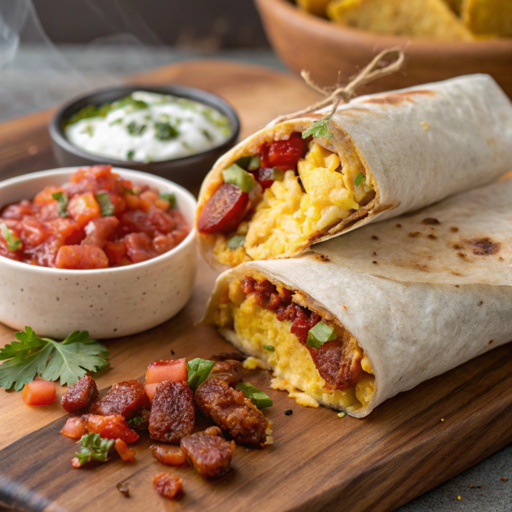 A close-up of Alberto’s signature chorizo and egg burrito.