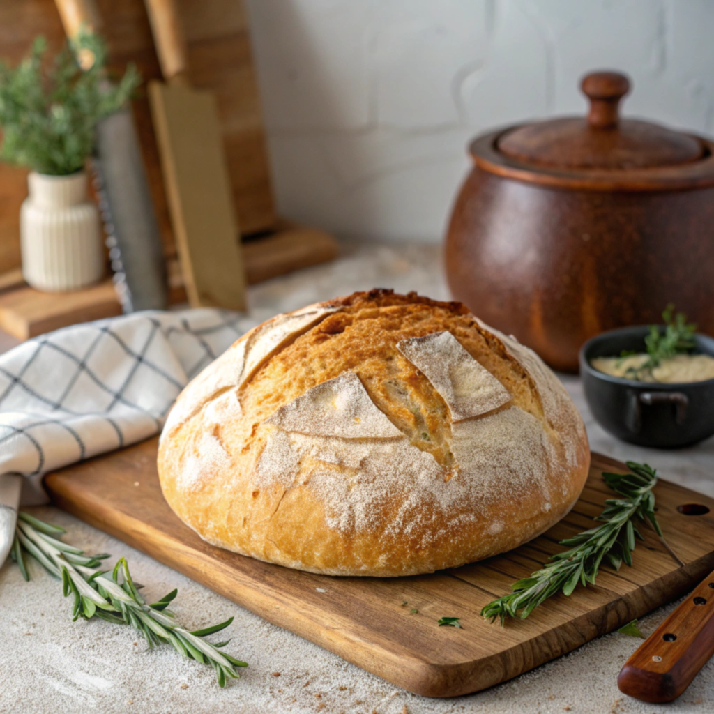 Freshly baked sourdough loaf on a wooden cutting board