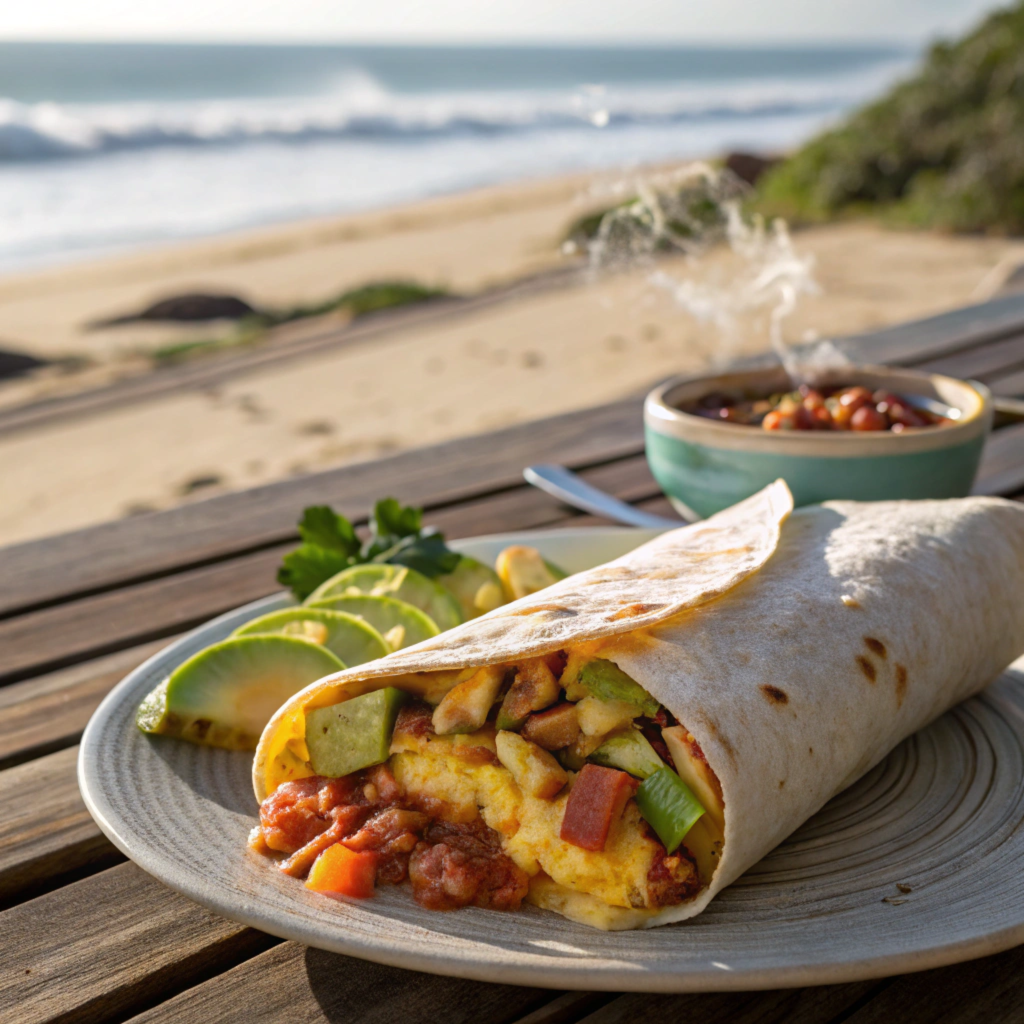 A breakfast burrito with fresh salsa and avocado, served on a plate near a beach in Los Cabos.