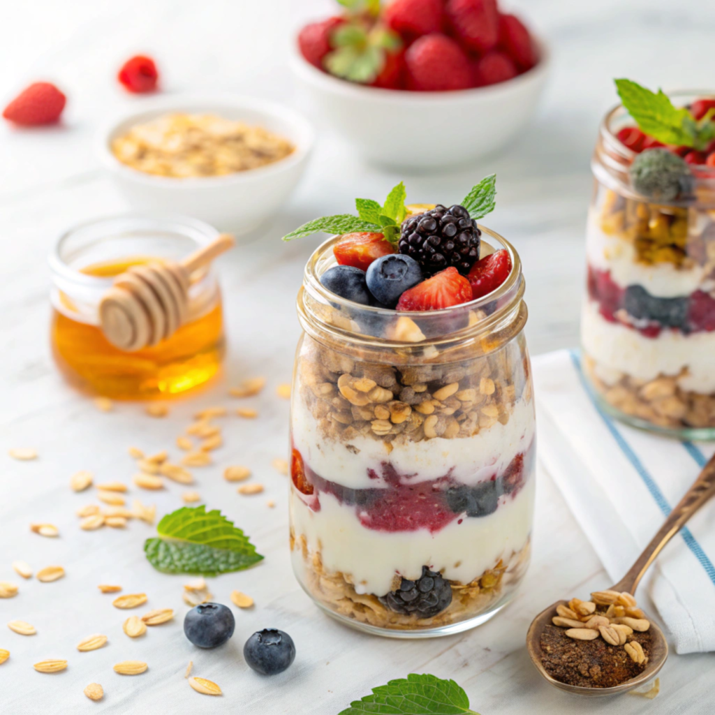 A vibrant yogurt parfait with layered grains, fruits, and nuts in a glass jar.