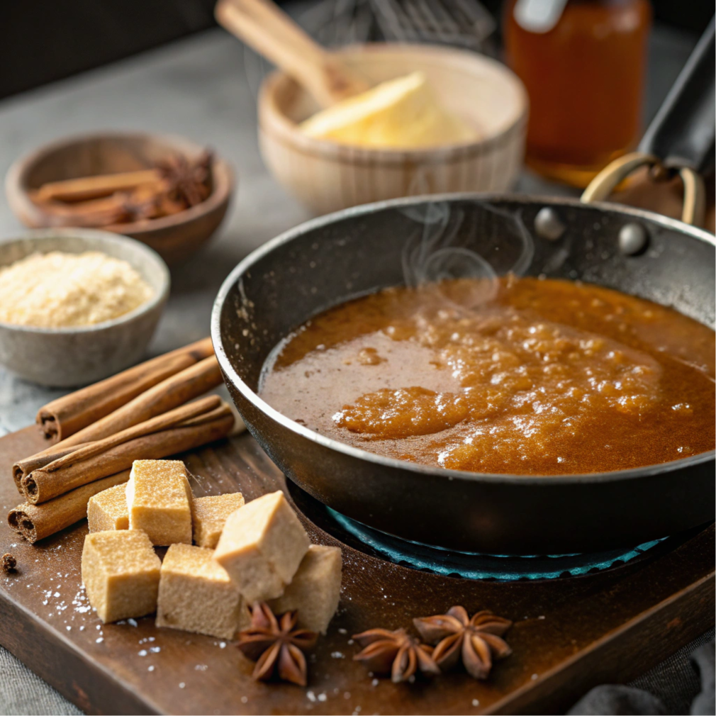 Cooking caramel sauce in a pan