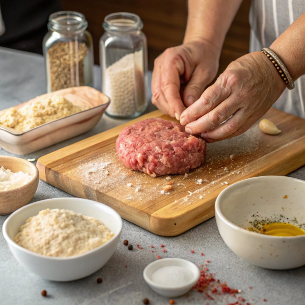 A raw meatloaf being shaped by hands on a cutting board, ready for the smoker.