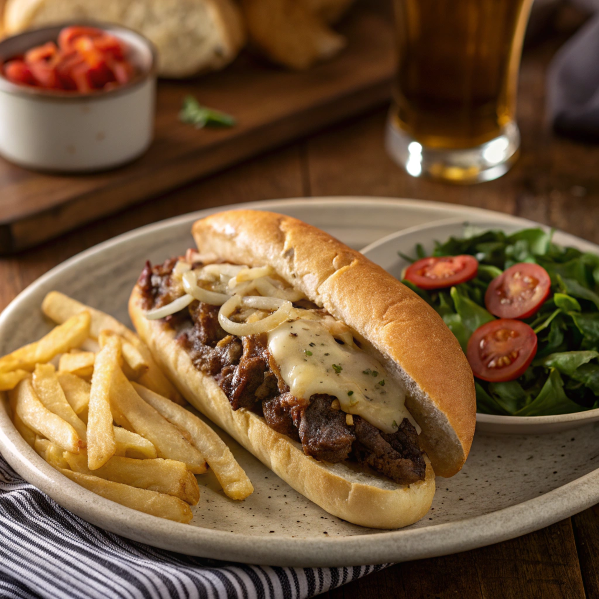 A classic Philly cheesesteak sandwich served with fries and a side salad.