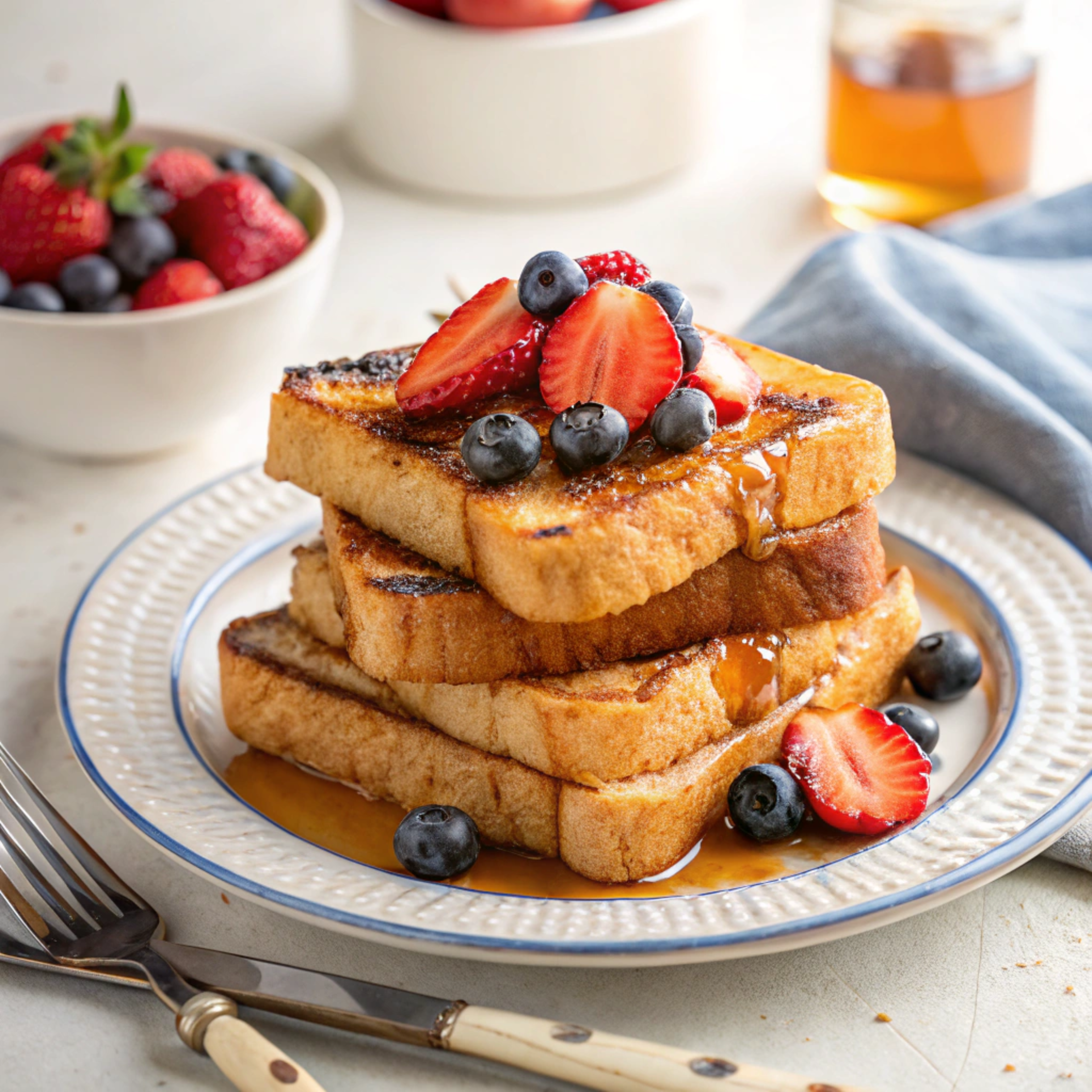 Golden-brown French toast slices topped with fresh berries and maple syrup.