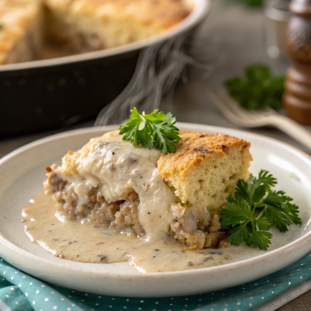 A slice of sausage gravy and biscuit pie with steam rising from the top.