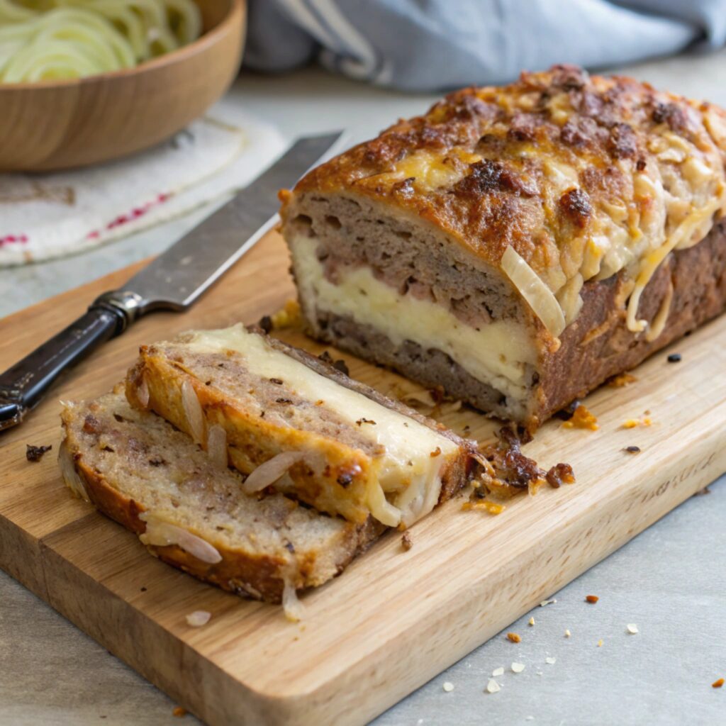 A sliced French onion meatloaf showing its moist and tender interior.