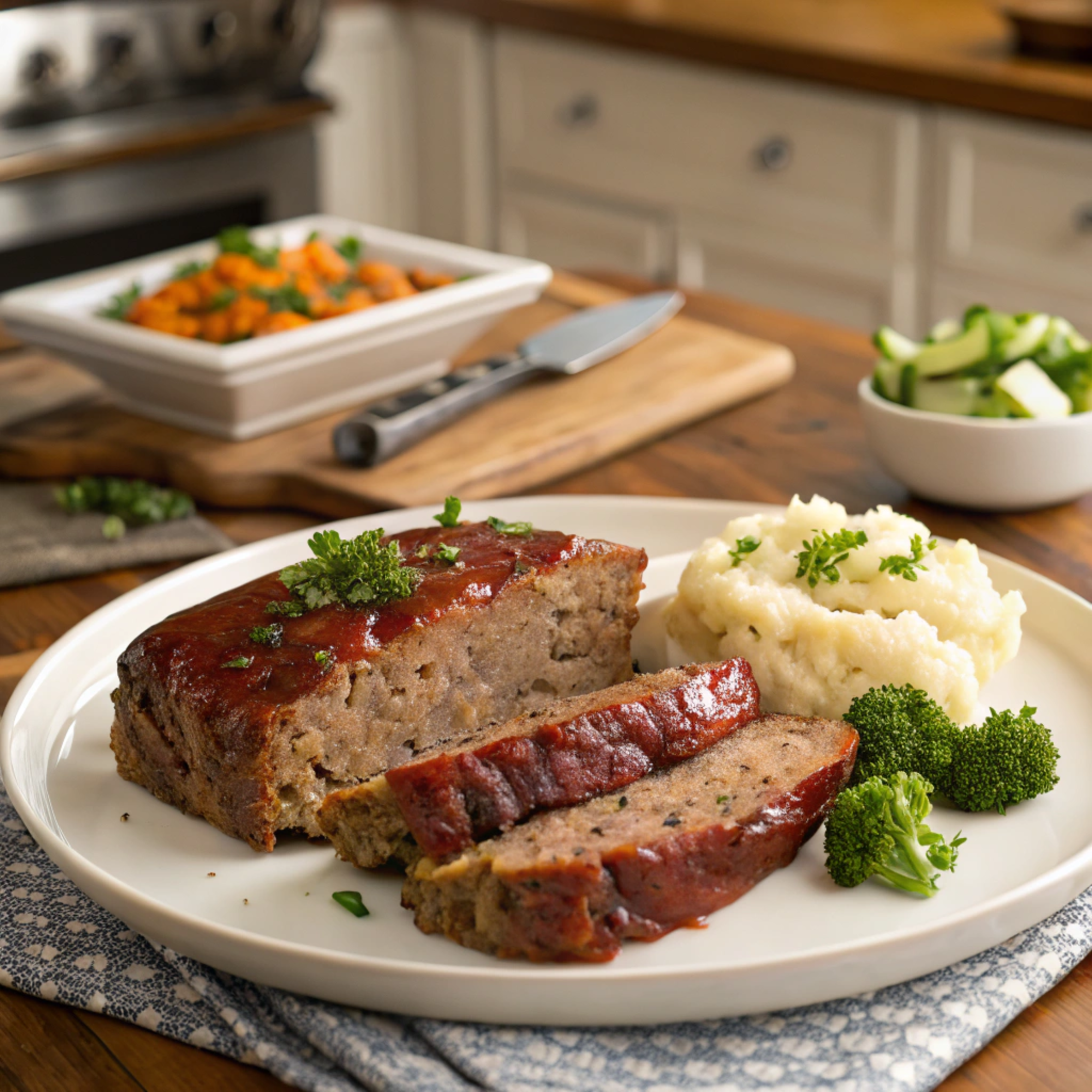 Delicious stove top meatloaf served with mashed potatoes and vegetables.