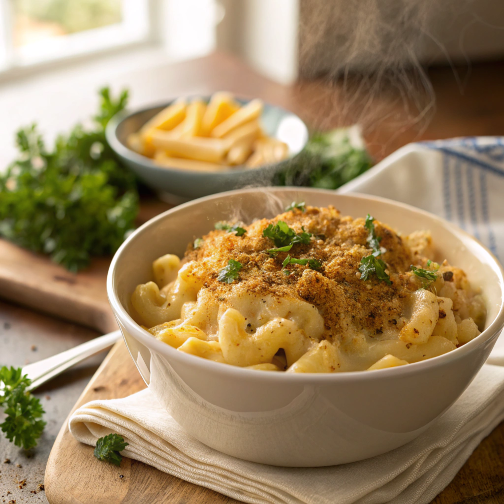 A steaming bowl of creamy mac and cheese with crispy breadcrumb topping