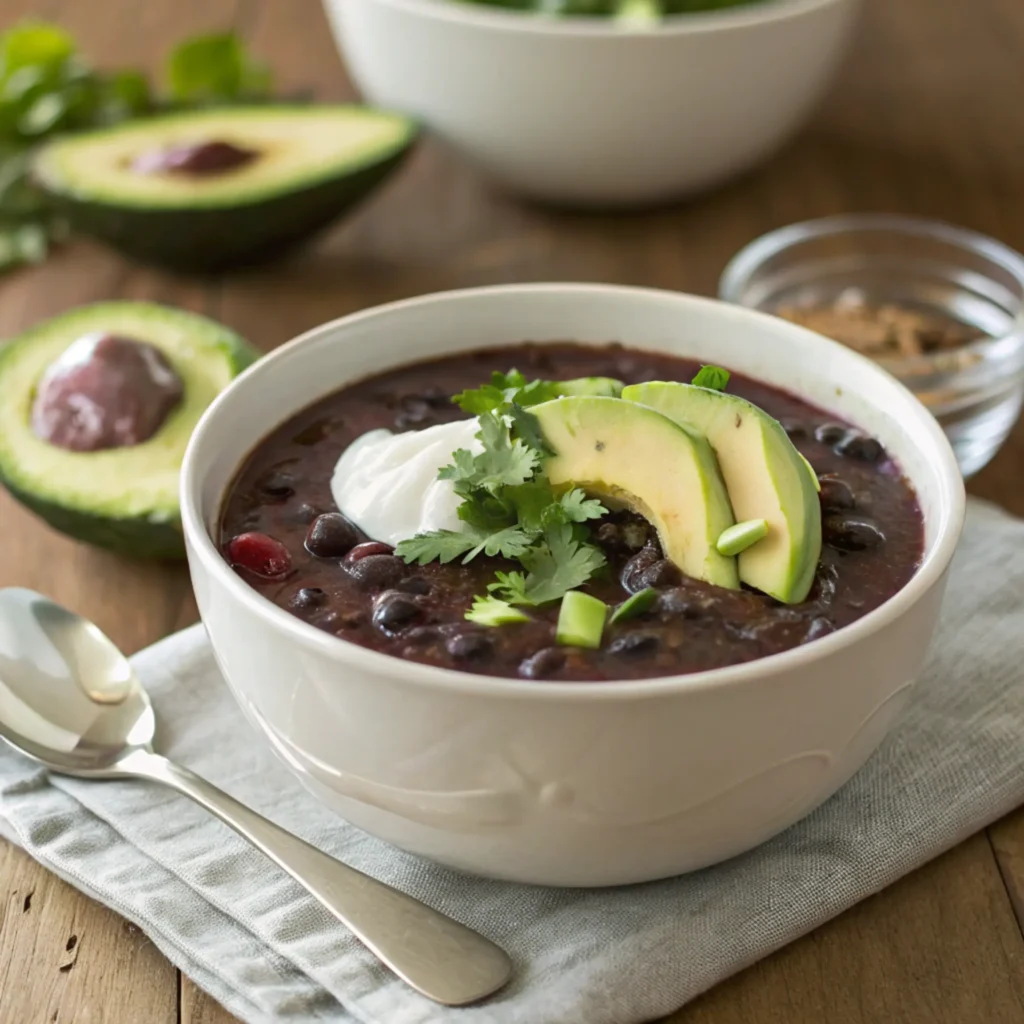 A bowl of vibrant purple black bean soup garnished with avocado and cilantro.