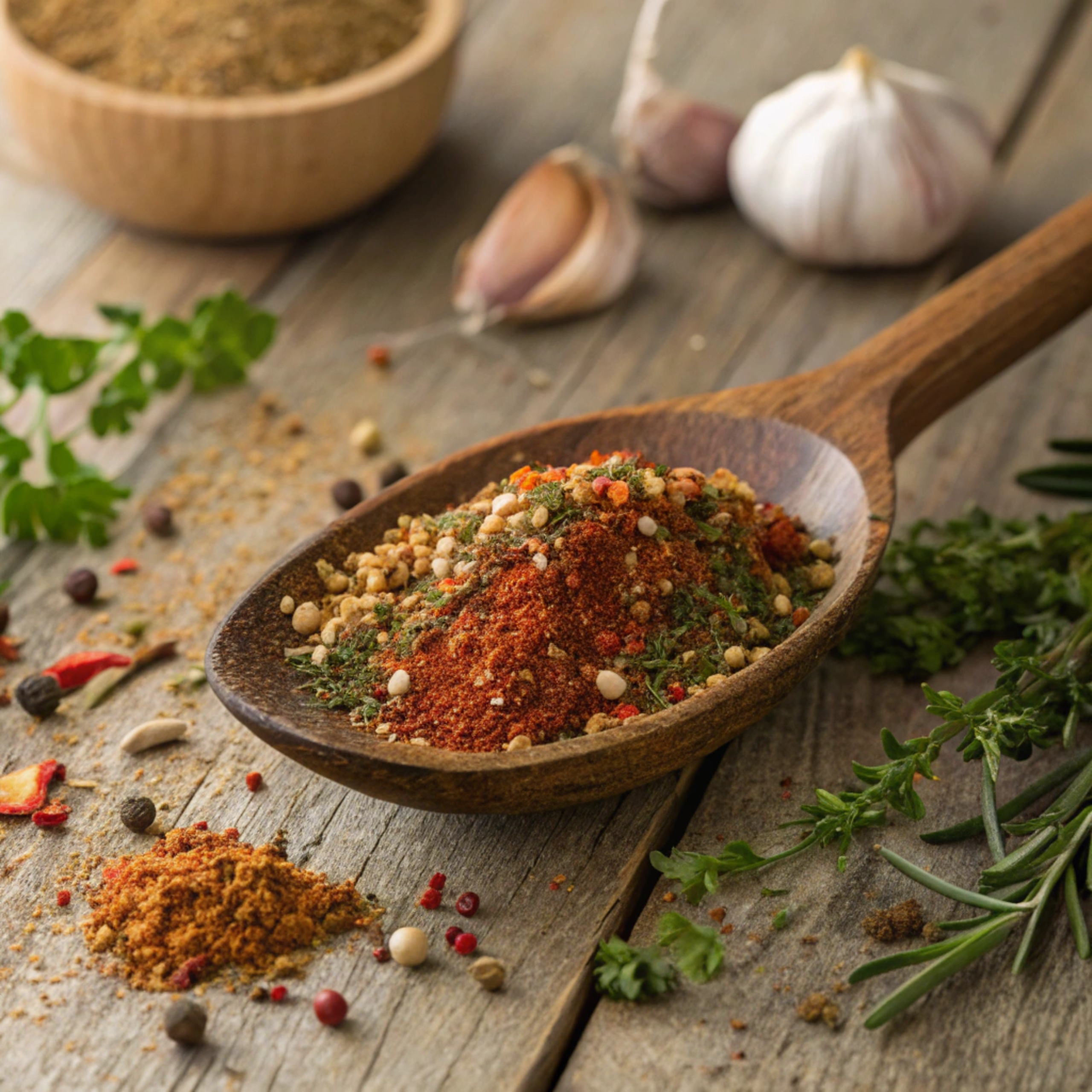 A wooden spoon holding a colorful blend of meatloaf seasoning on a rustic table.