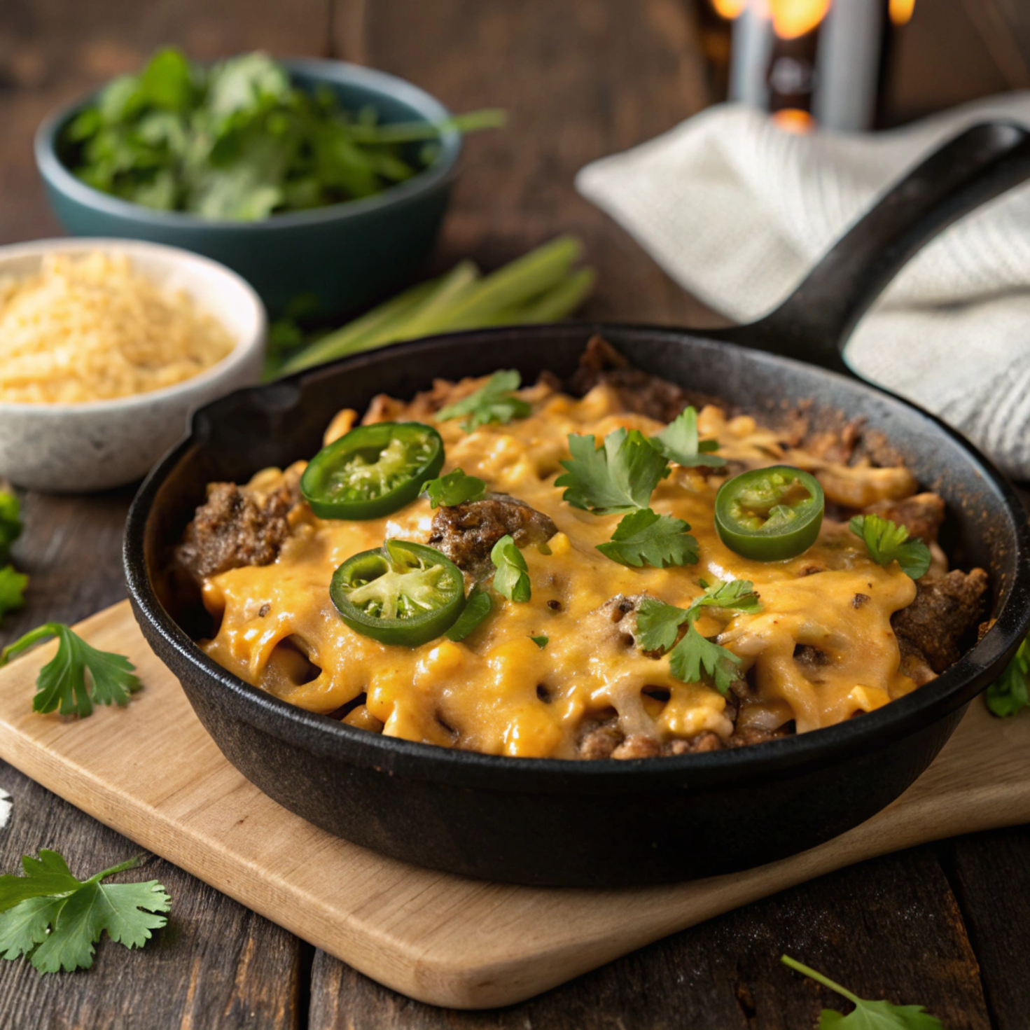 Beef queso mac and cheese served in a skillet with garnishes.