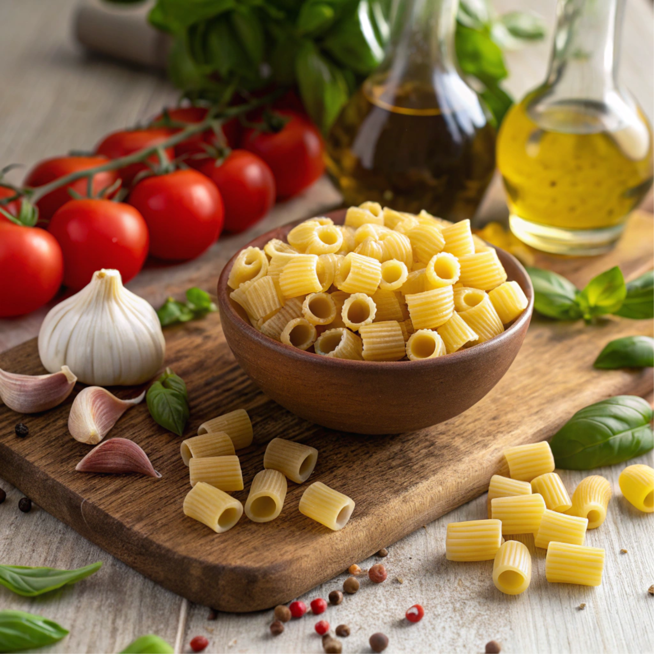 Ditalini pasta scattered on a wooden table with vegetables and herbs