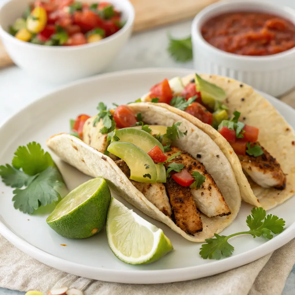 Grilled chicken tacos served with toppings.
