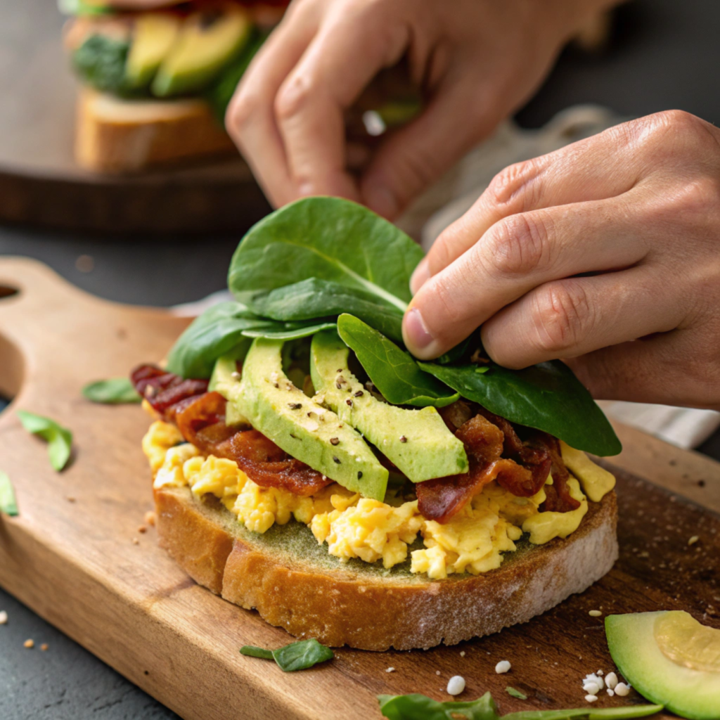 A step-by-step image of assembling a sourdough breakfast sandwich.