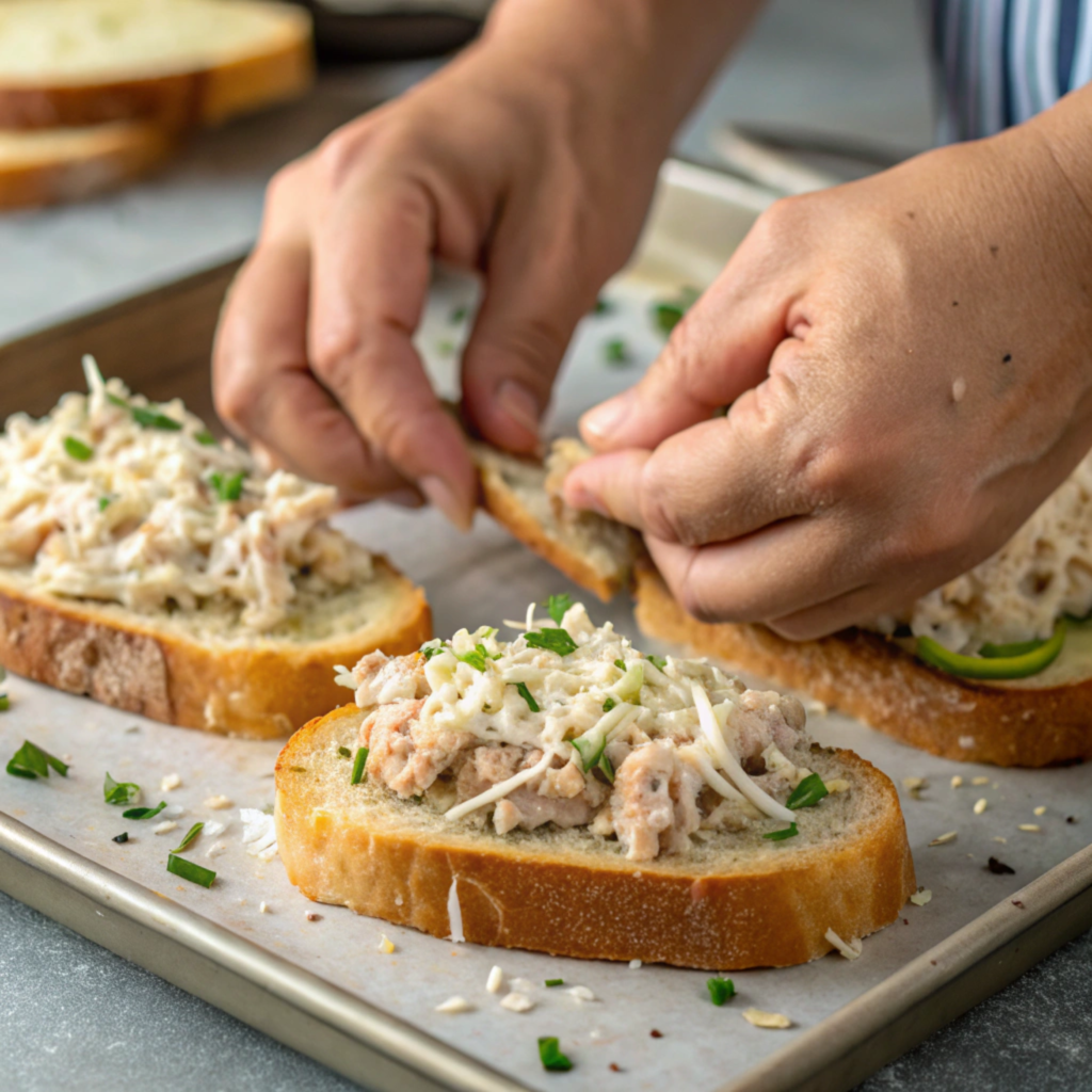 Assembling an open-faced tuna melt sandwich on a baking tray
