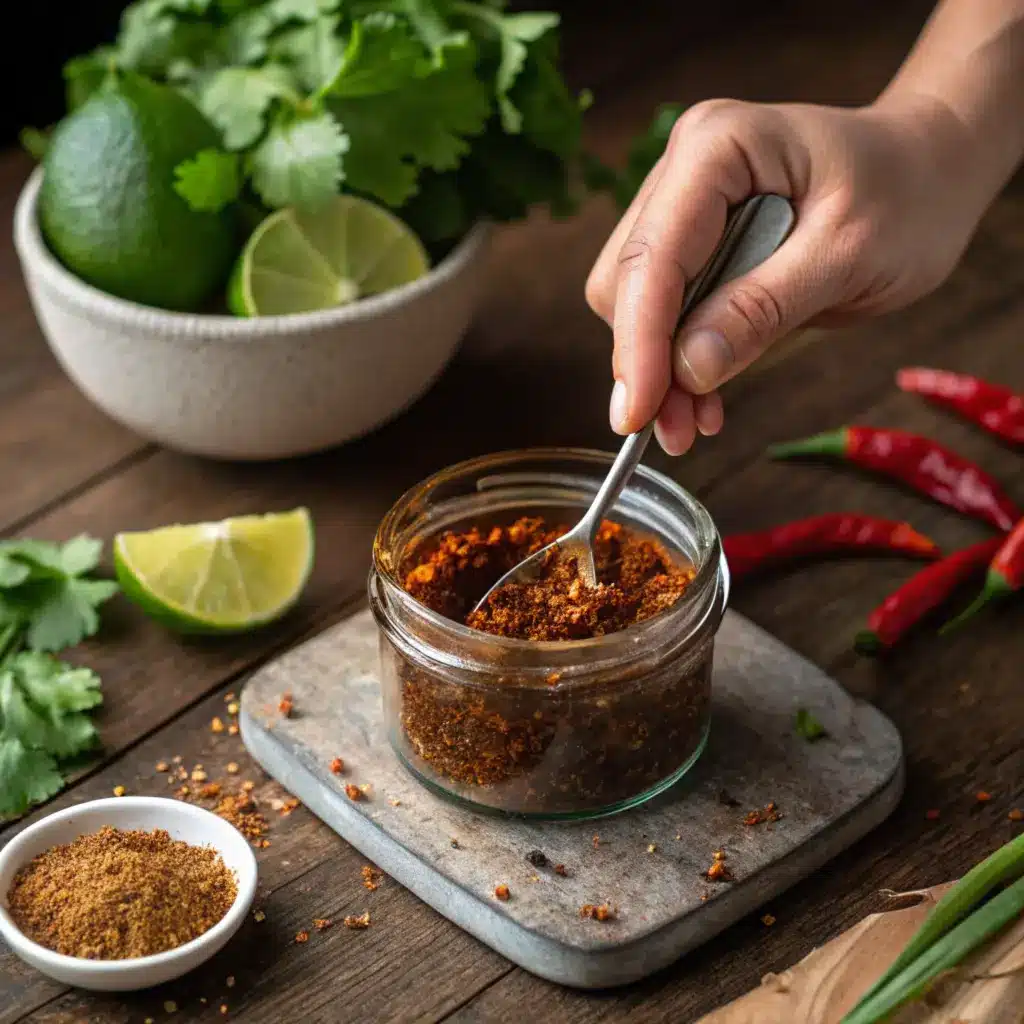 Mixing chicken taco seasoning in a glass jar.
