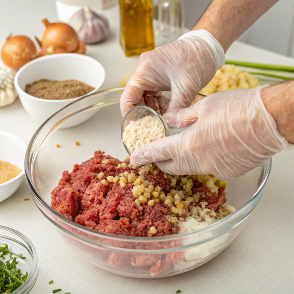 Hands mixing Lipton Onion Soup Meatloaf ingredients in a large glass bowl.