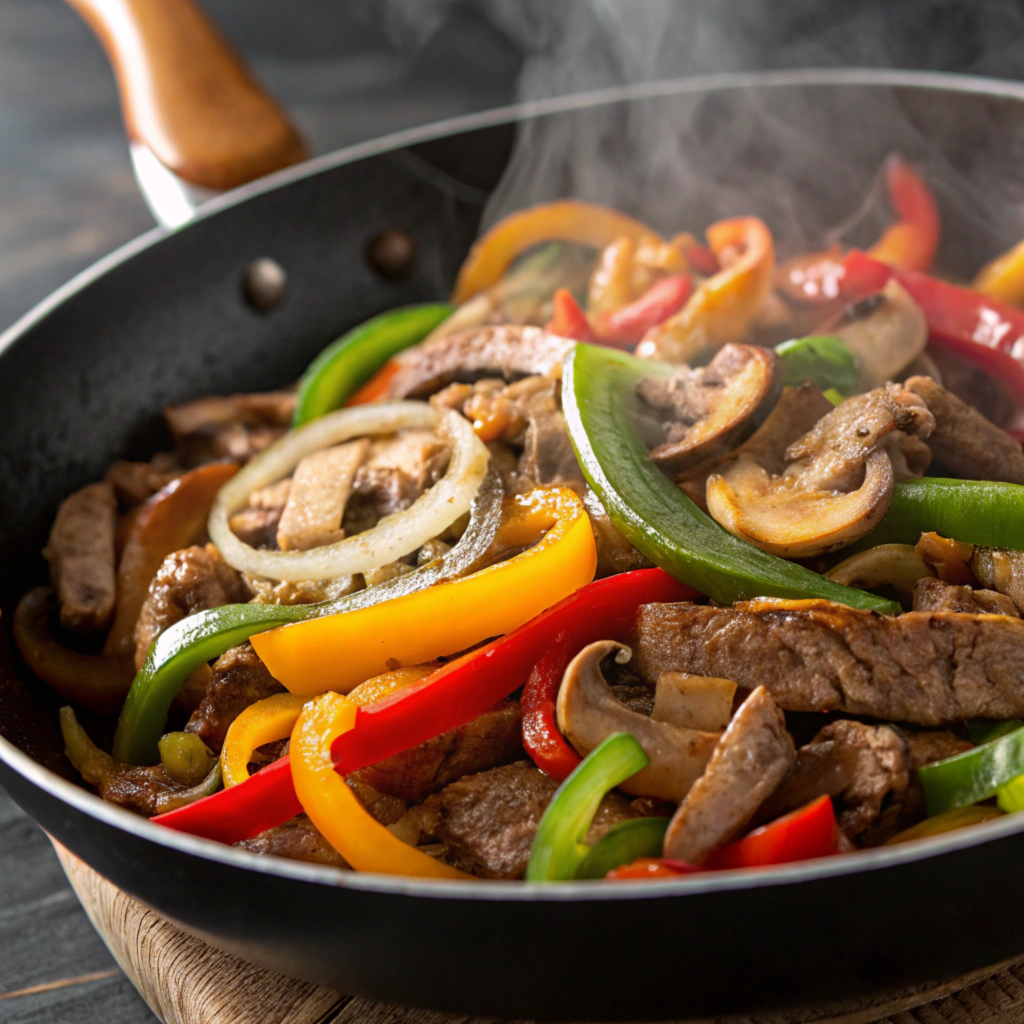 Sautéed vegetables and lean beef cooking in a skillet with vibrant colors.