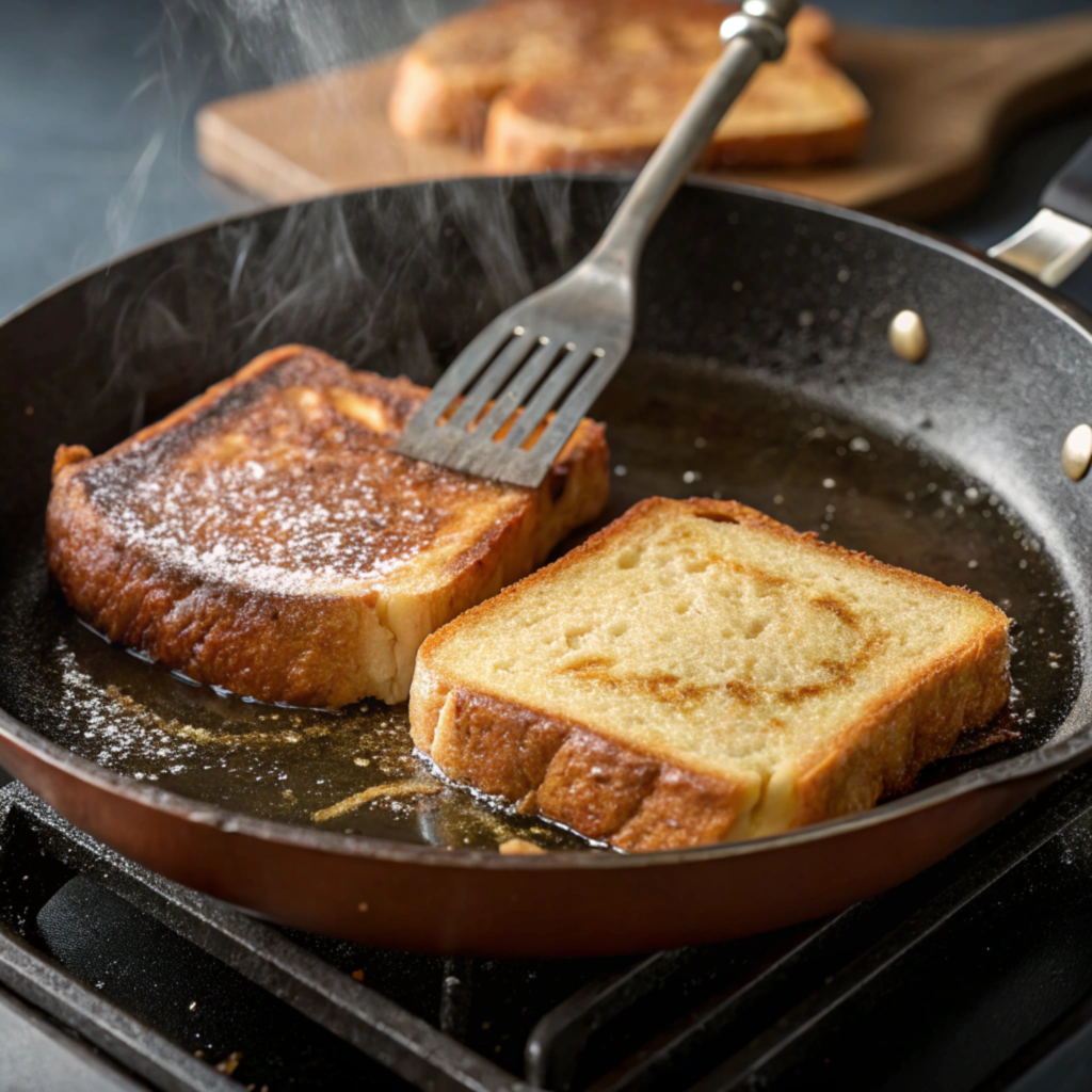 French toast slices cooking in a nonstick skillet on a stove.