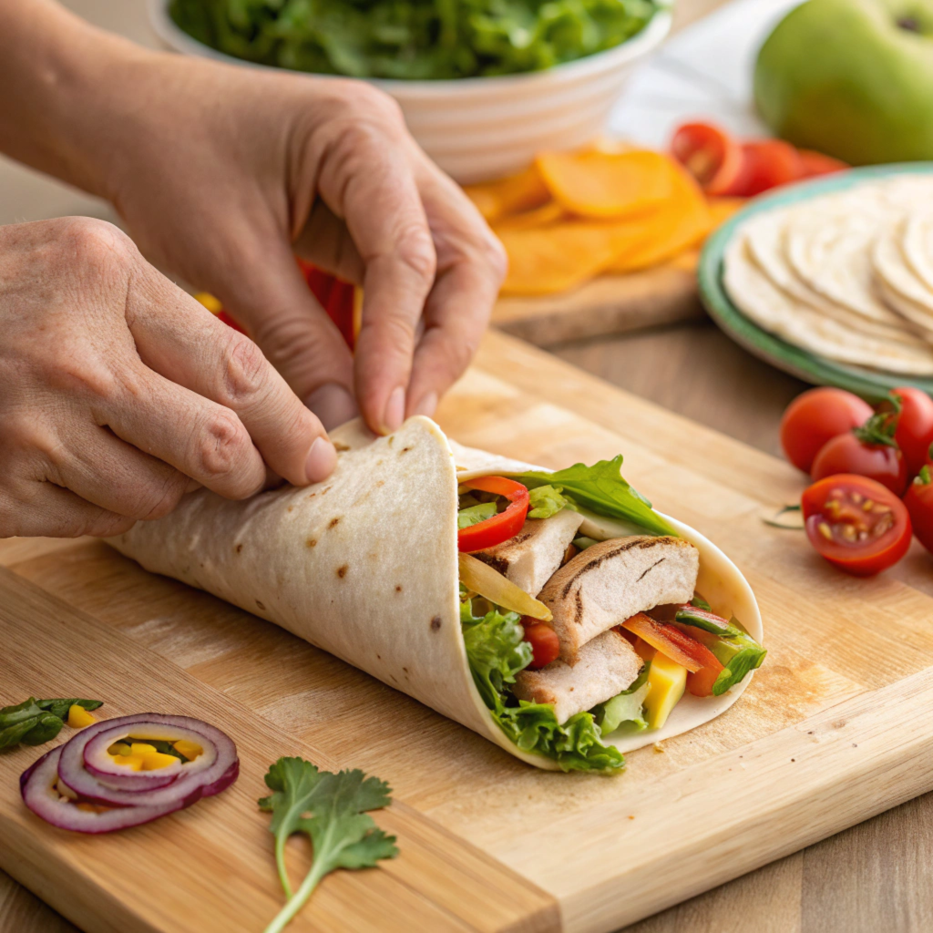 A hand rolling a turkey and veggie wrap on a cutting board with prepared ingredients in the background.