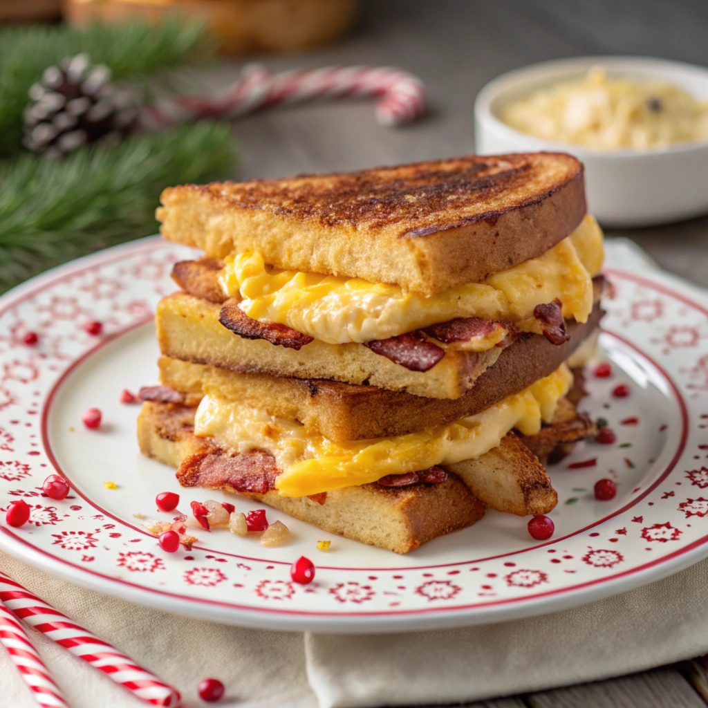 A delectable French Toast Breakfast Sandwich with syrup drizzled on top.